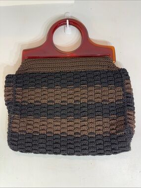 Vintage Crochet Handbag Lucite Handle Brown Striped Boho Knit Purse